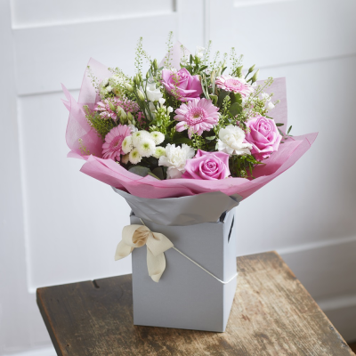 Fresh Summer - A  beautiful hand crafted bouquet of pink and white blooms, incorporating, Roses, Germini and other Seasonal flowers